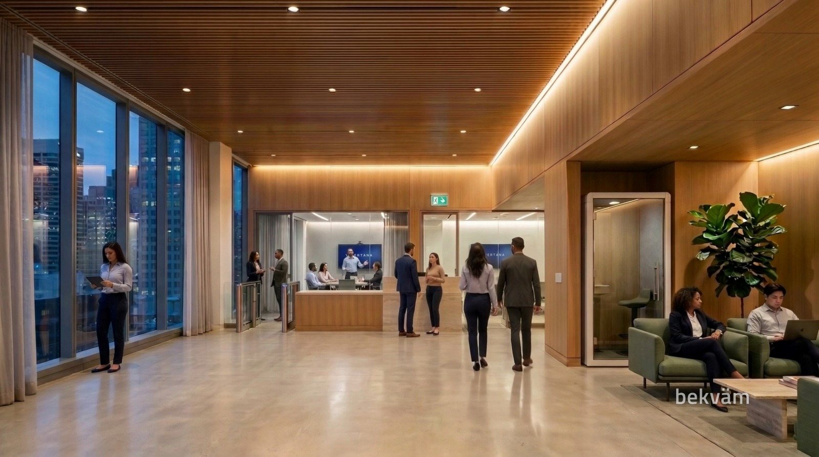 Lobby corporativo no fim da tarde, com reunião na sala de vidro e pessoas conversando