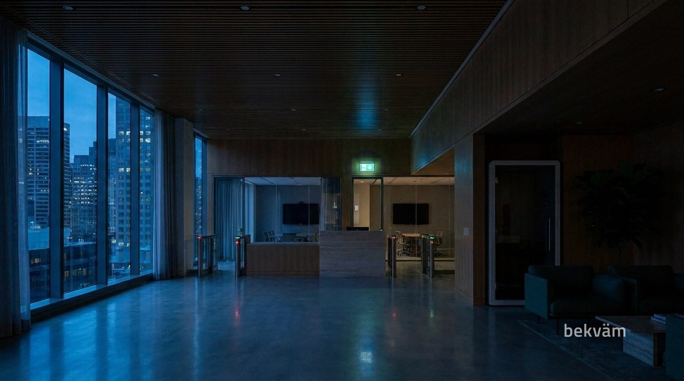 Lobby todo apagado, só com a placa de saída acesa