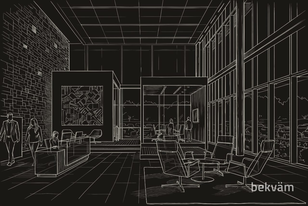 Desenho em traço de uma recepção corporativa